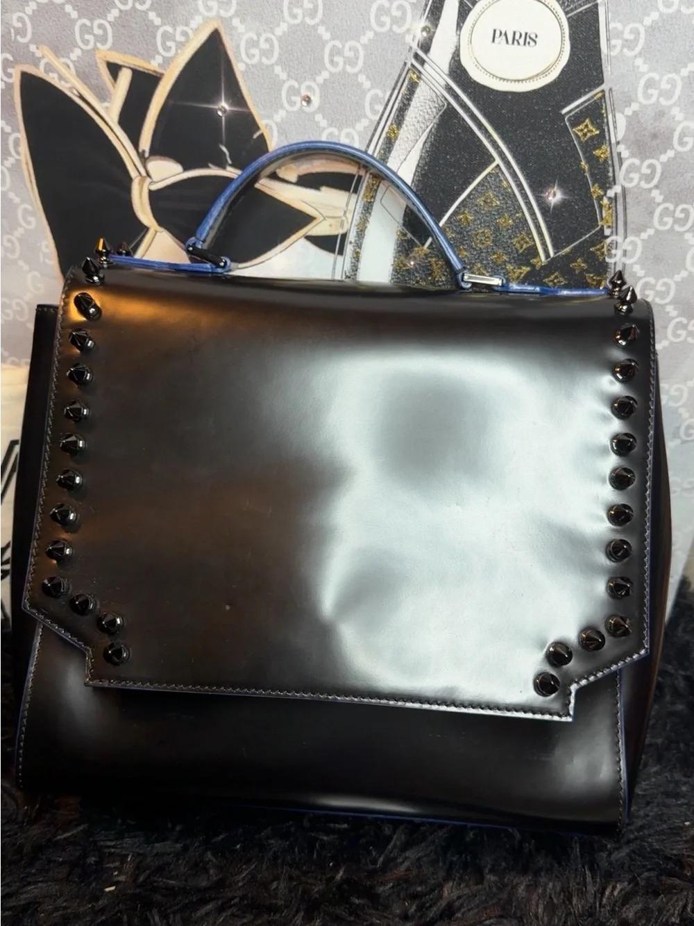 MCM Calf Skin Black Leather Top-Handle Satchel with Blue-Trim